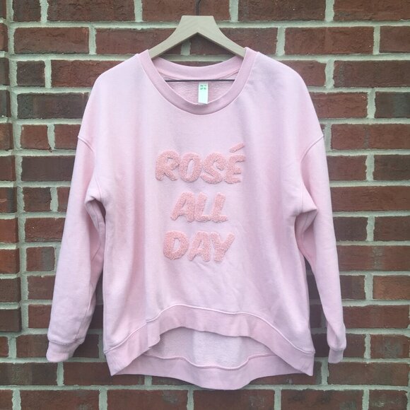 Green Tea Sweatshirt Oversized Large Pink Rose All Day Chenille Letters Hi Lo - Picture 1 of 9